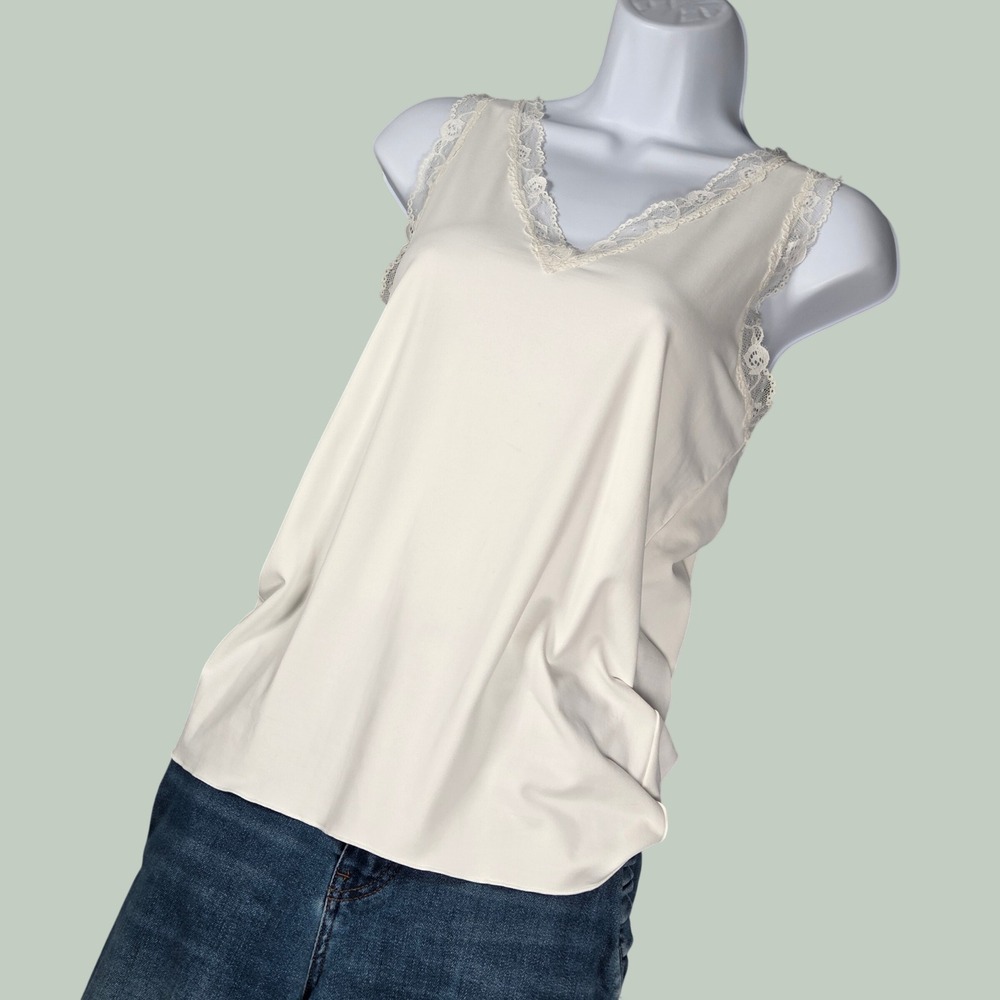 Joia NYC Women XL Tank Top Ivory Lace Trim V-Neck Sleeveless Camisole‎ Made USA